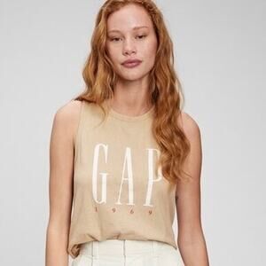 Gap Logo Beige Tan Cropped Muscle Cotton Tank Top Women's Large